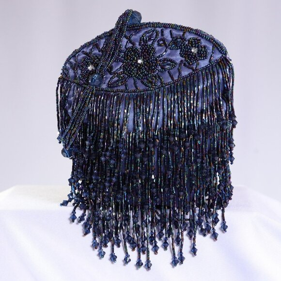 Vintage-Style Beaded Fringe Evening Bag Wristlet – Navy Blue - Picture 1 of 3